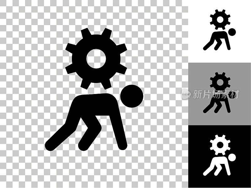 Stick Figure Pushing Gear Icon on Checkerboard透明背景